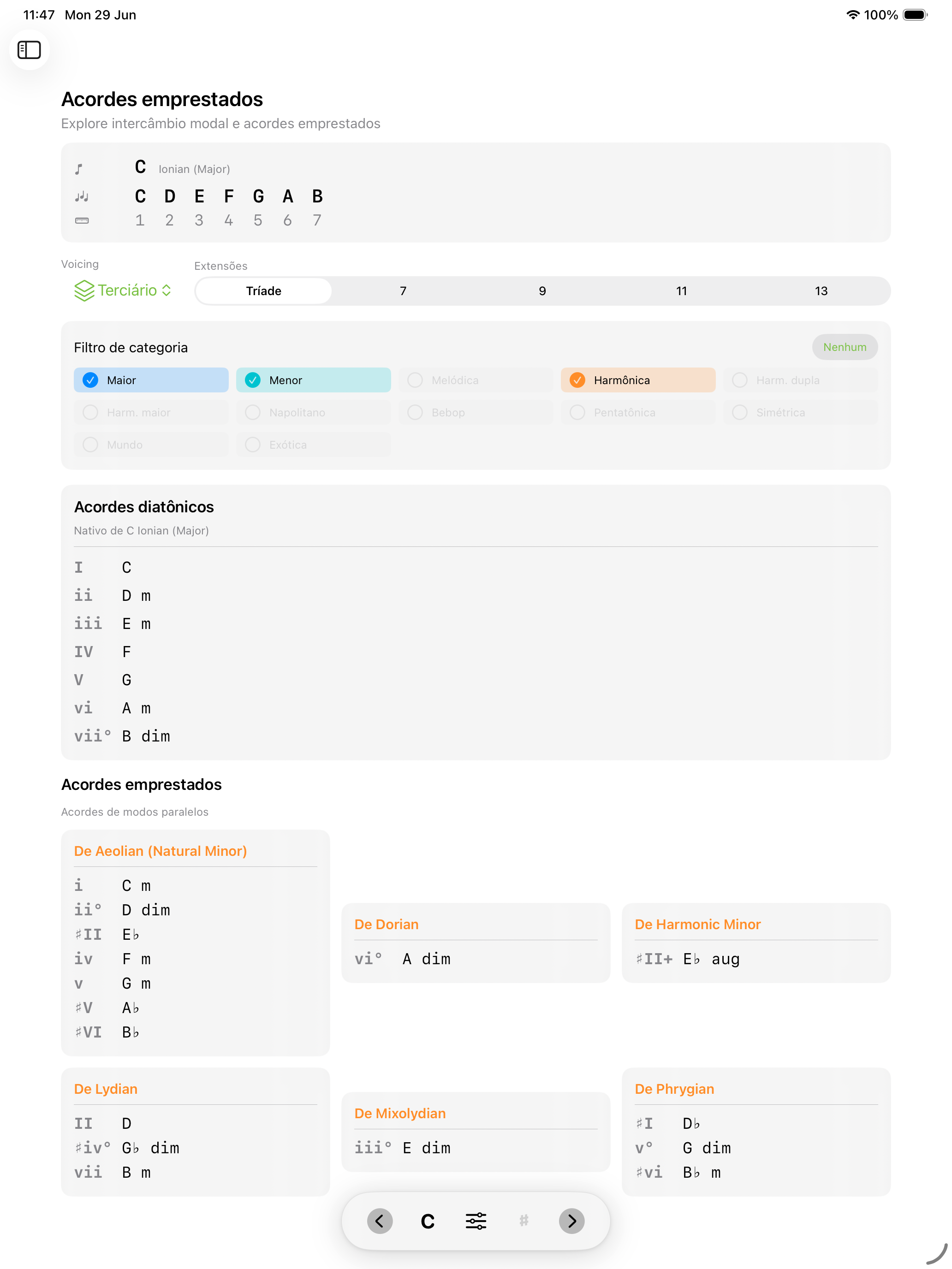 Tela de acordes emprestados no iPad
